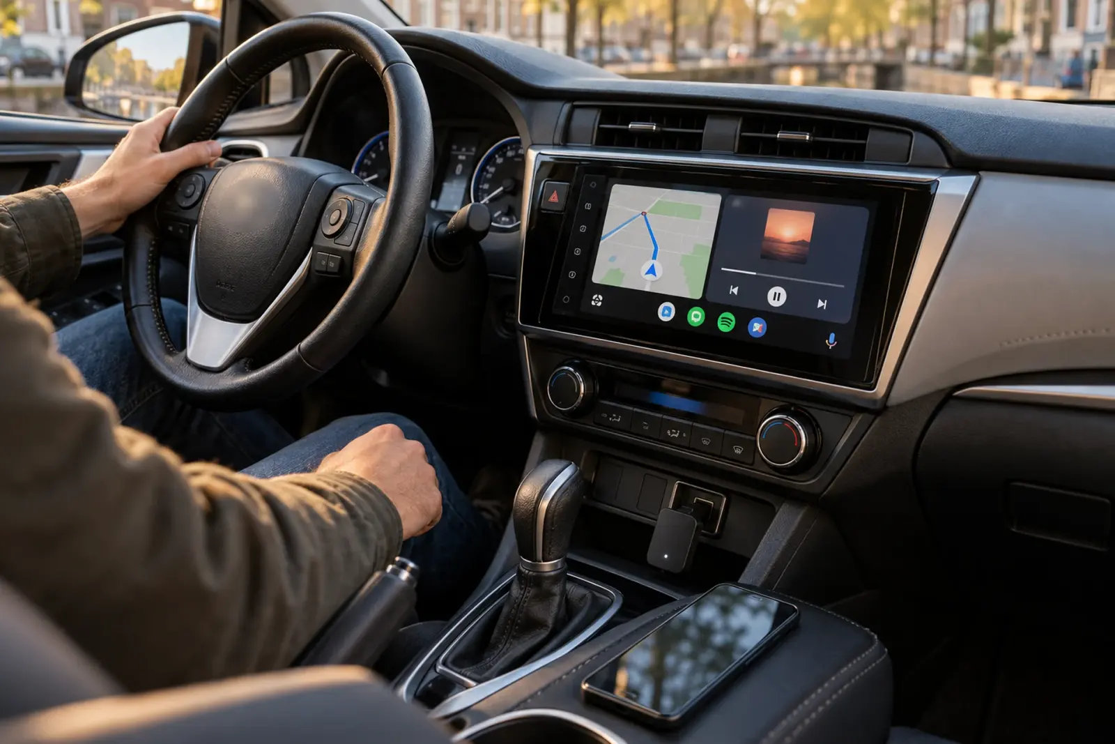 Draadloze Android Auto-adapter in de USB-poort van een Kia Ceed van een automobilist uit Maastricht