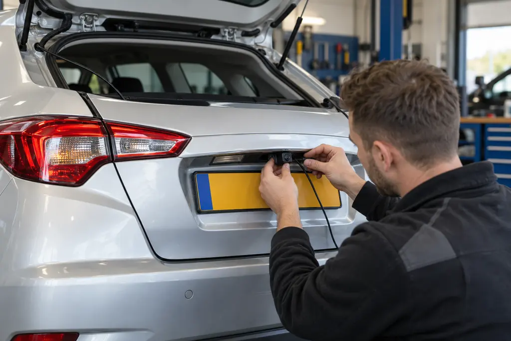 Achteruitrijcamera wordt boven de kentekenplaat van een Kia Ceed gemonteerd voor een klant uit Maastricht