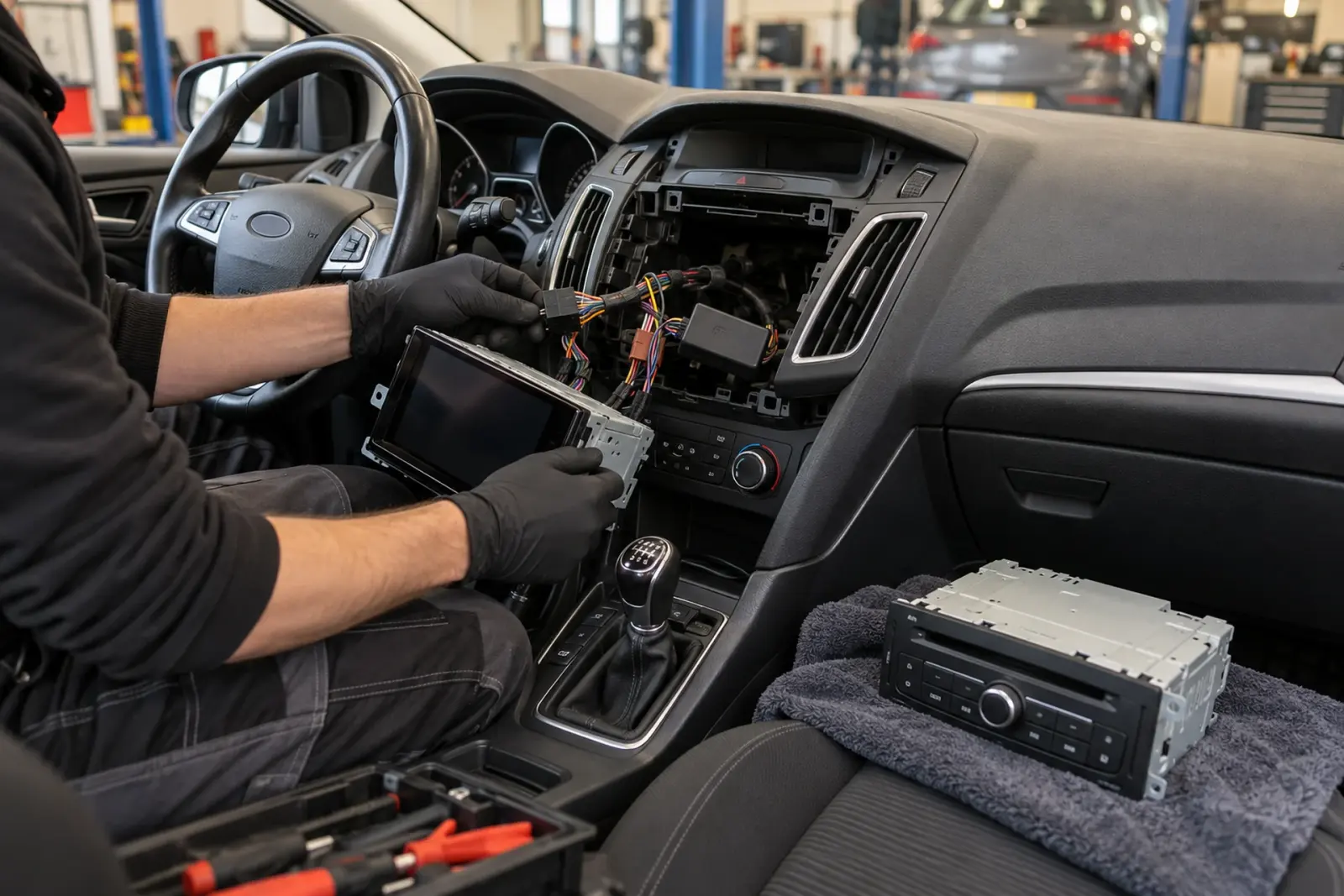 Android Auto radio inbouwen in Maastricht: oude radio naast het nieuwe touchscreen van een Audi A3