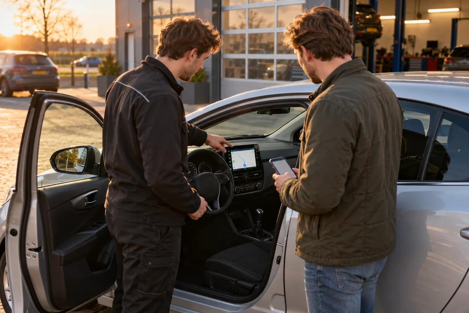 Monteur van de inbouwpartner legt het nieuwe CarPlay-scherm uit aan een automobilist uit Maastricht