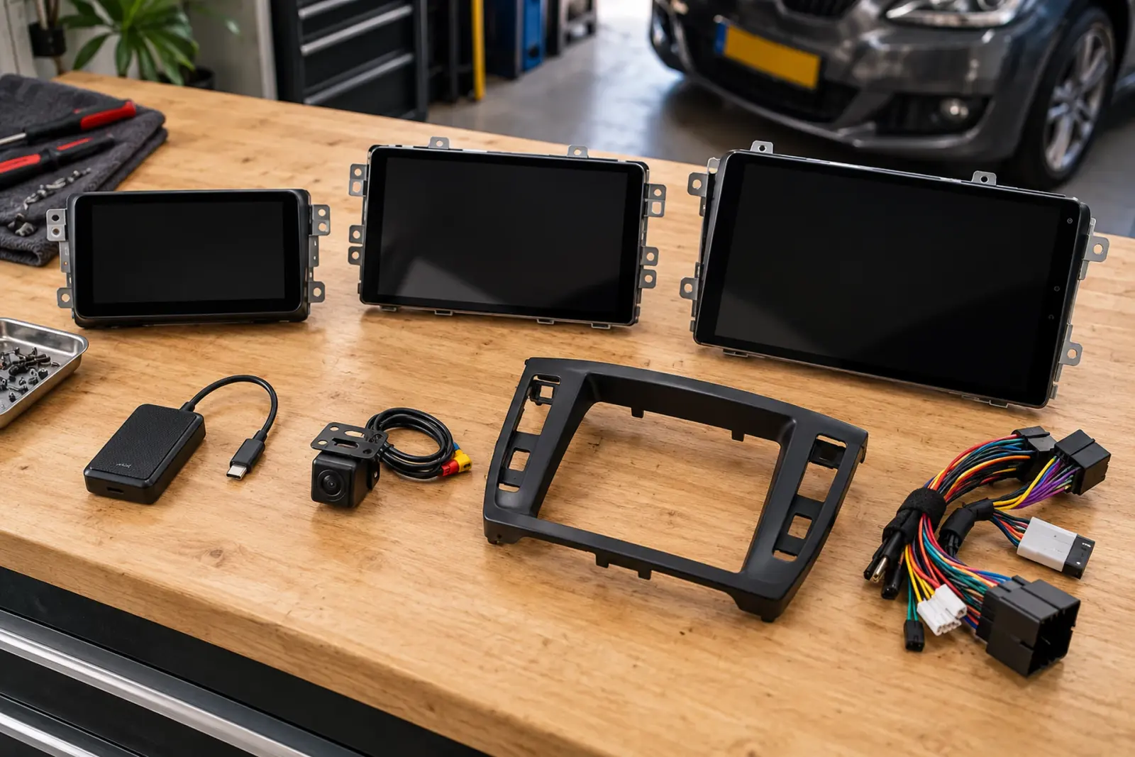 CarPlay prijzen in Maastricht: CarPlay- en Android Auto-systemen, adapters en een camera naast elkaar