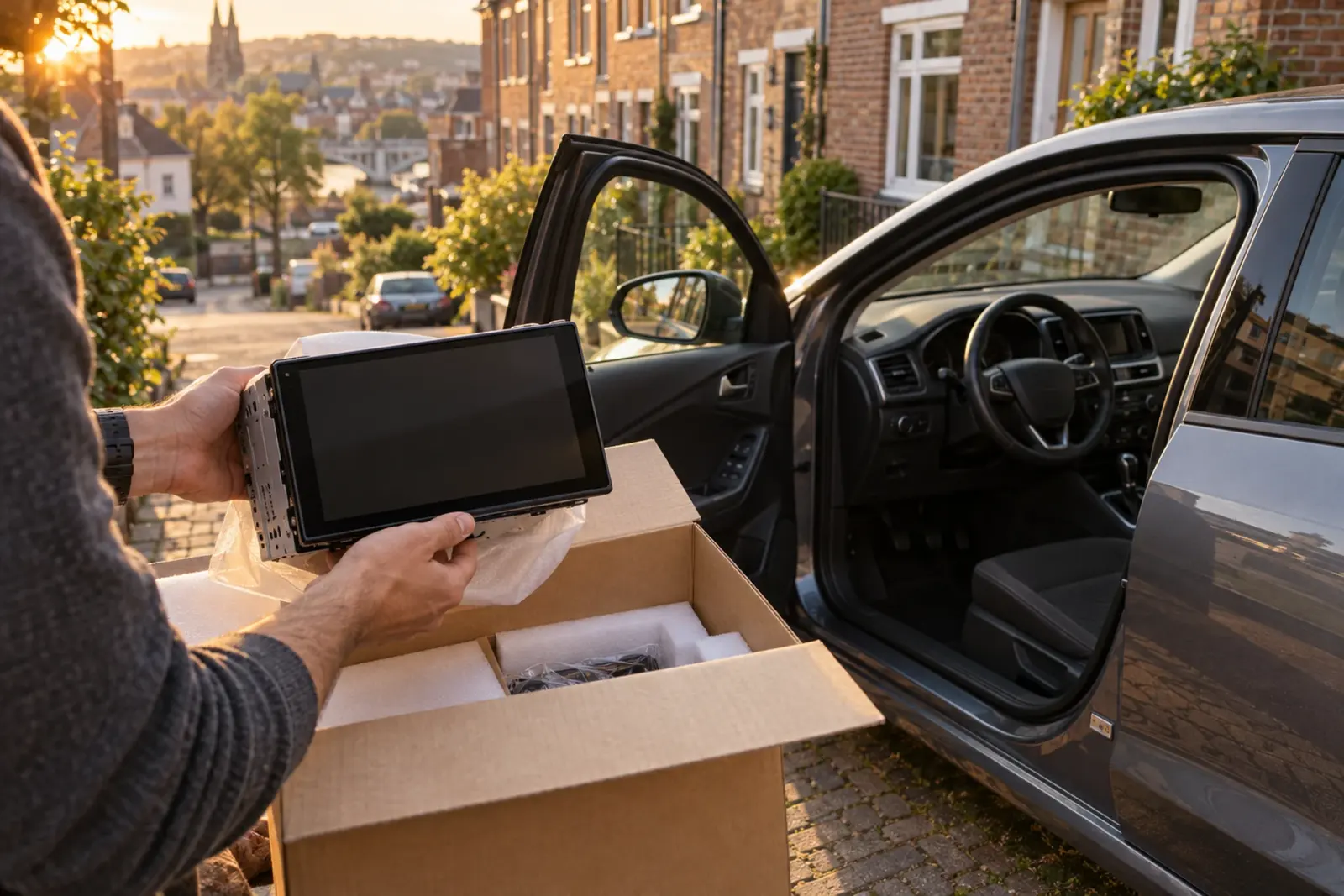 CarPlay scherm bestellen in Maastricht: nieuw touchscreen wordt uitgepakt naast een Audi A3
