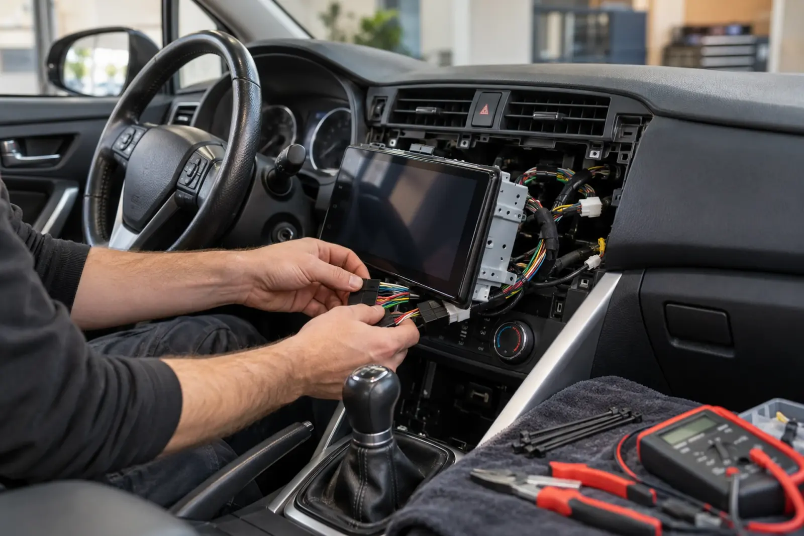 Aansluiten van de stuurwielinterface tijdens het inbouwen van een CarPlay-scherm in een Kia Ceed in regio Maastricht