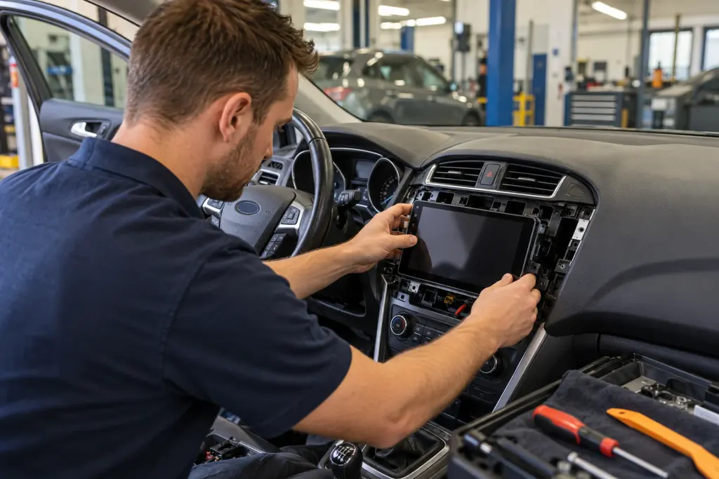 Monteur plaatst een CarPlay-scherm in het dashboard van een Audi A3 in de werkplaats in regio Maastricht